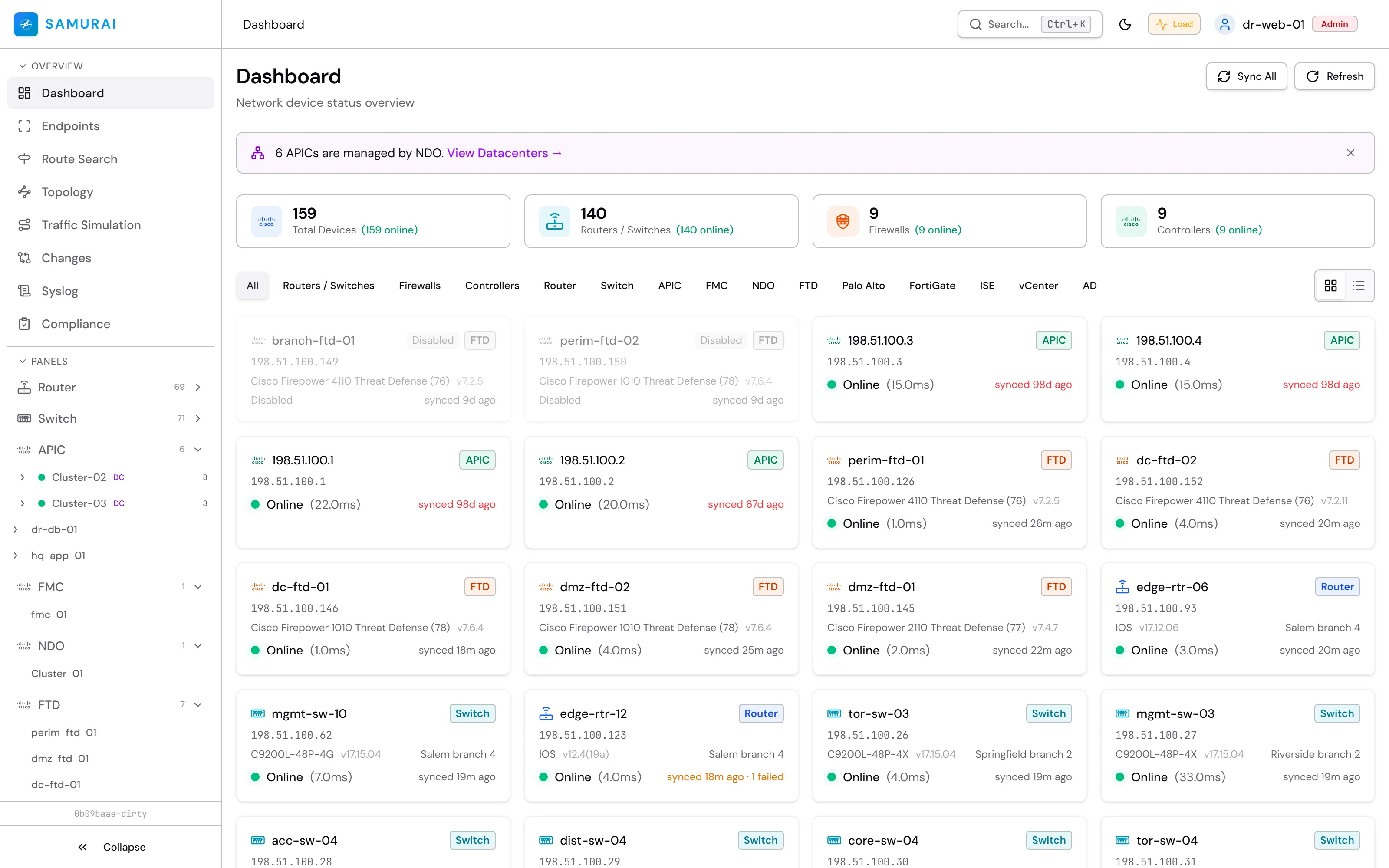 SAMURAI Networks dashboard showing fleet-wide network and security state
