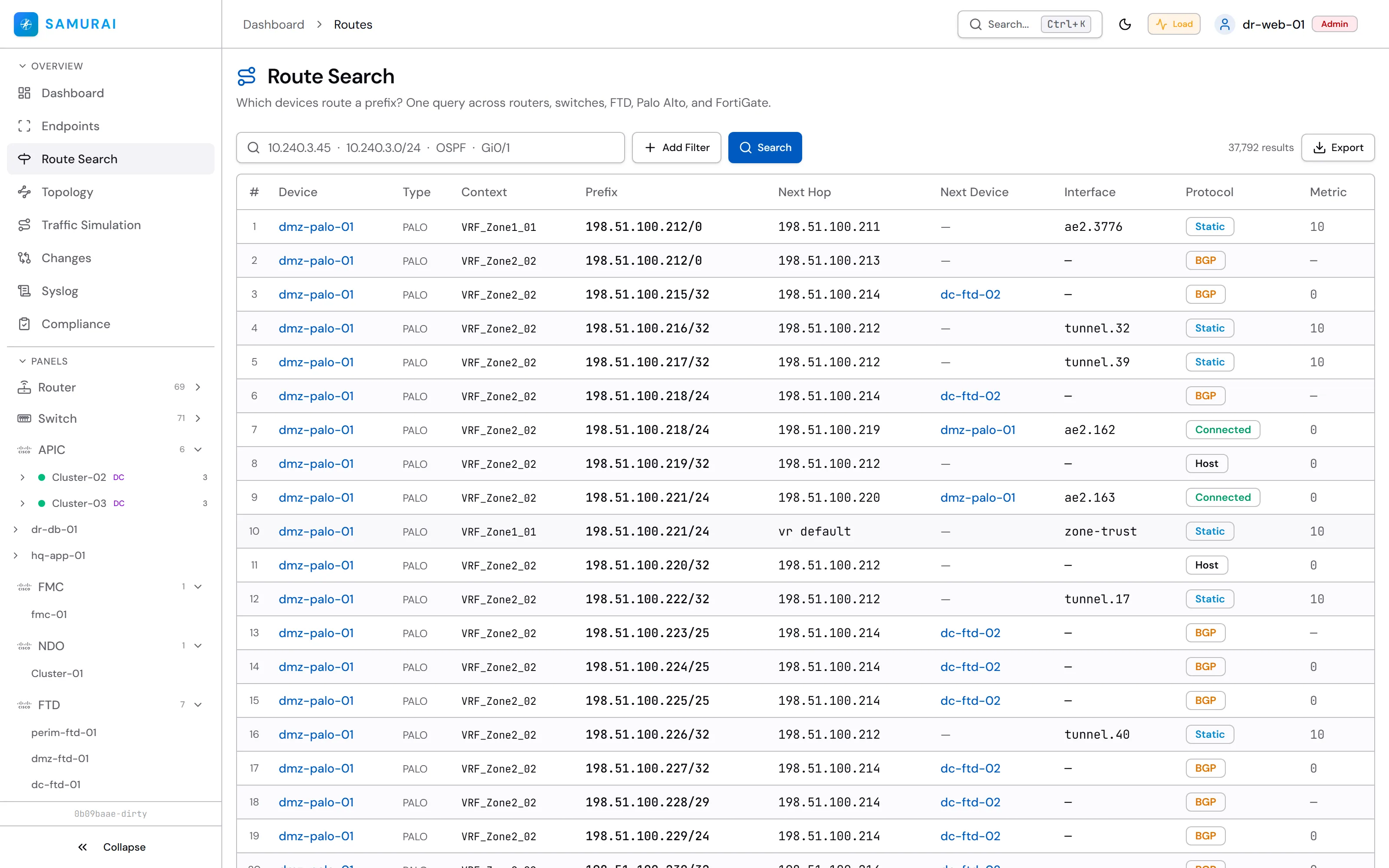 Route search results spanning multiple vendors